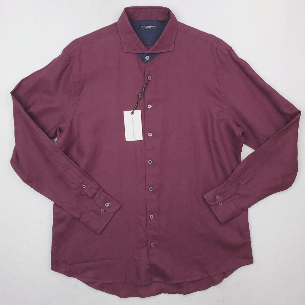 Singer + Sargent Shirt Mens Large Purple Linen Button Up Wine Fig Long‎ Sleeve